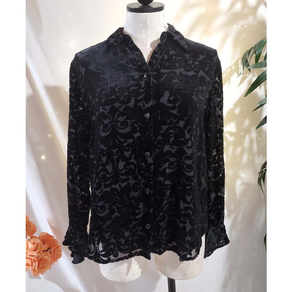 Vtg Laura Ashley Velvet Burnout Silk Blend Bell Sleeve Button Blouse Size 8 Goth